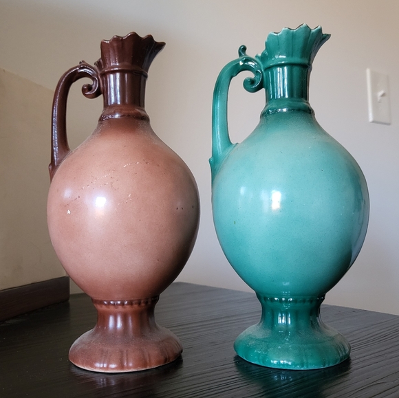 Lot 2 Vintage Czechoslovakia 8" Pottery Pitchers Pastoral Scenes - Picture 2 of 4